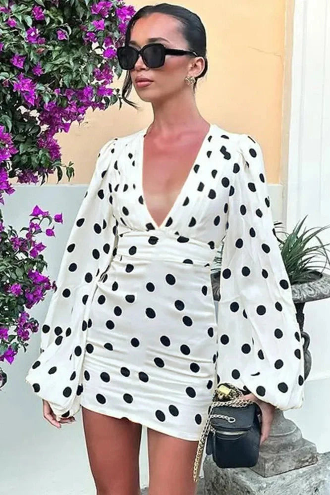 Polka Dot Long Sleeve Deep V Neck High Waist Mini Dress