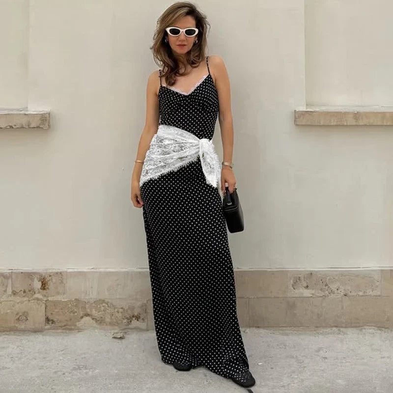 Polka Dot Deep V Neck Lace Slim Maxi Dress