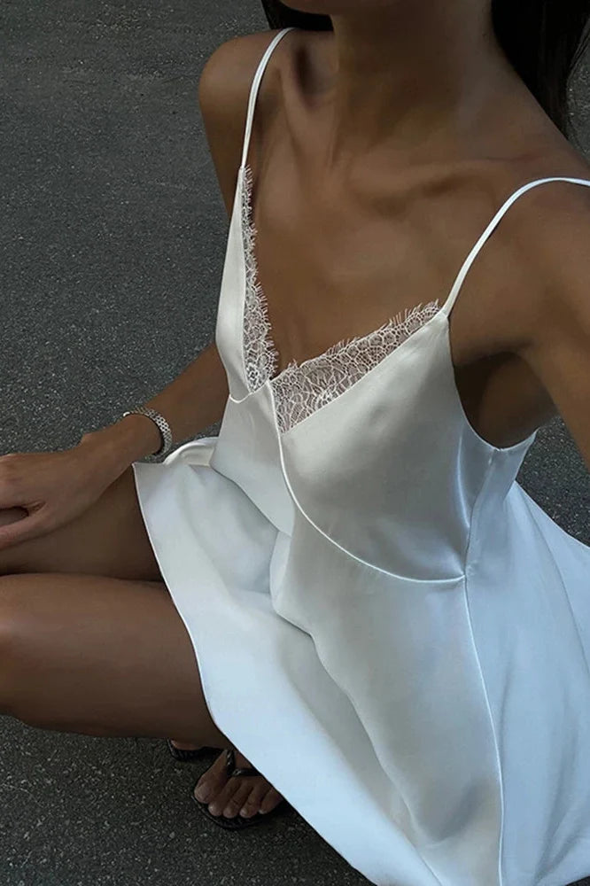 Lace Deep V Neck Backless Spaghetti Strap Mini Dress