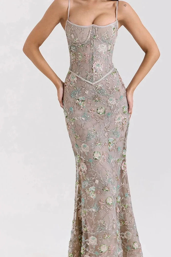 Hollow Out Lace Embroidery Slim Backless Maxi Dress