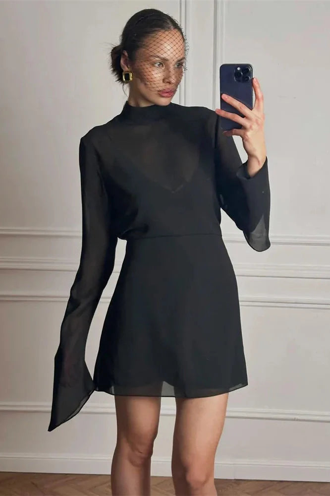 Lace-Up See-Through Loose Long Sleeve Mini Dress