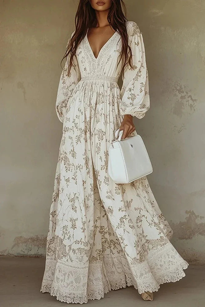 Elegant Long Sleeve Lace V-Neck Printed Maxi Dress