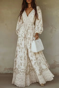 Elegant Long Sleeve Lace V-Neck Printed Maxi Dress