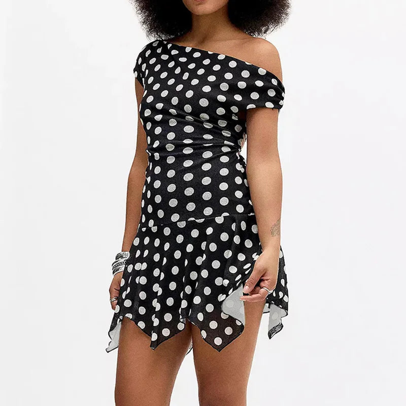 Polka Dot Off-Shoulder Long Sleeve Patchwork Mini Dress