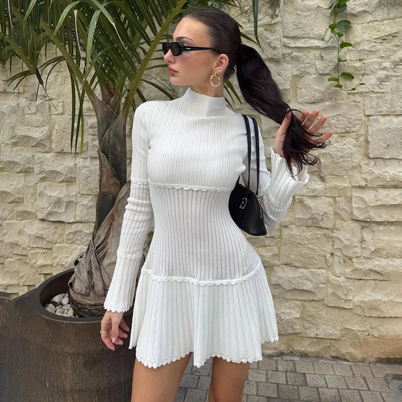 Hollow Knitted Long Sleeve Slim Mini Dress