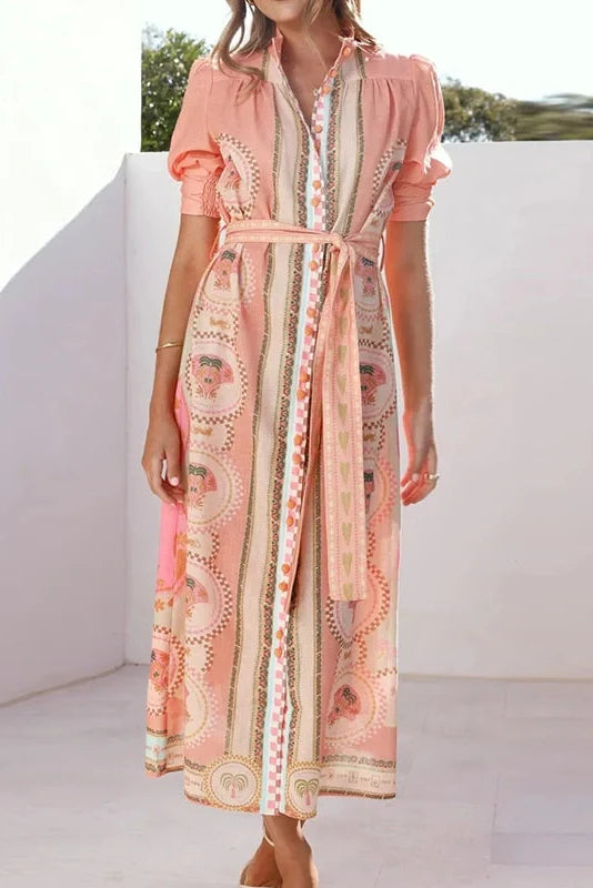 Elegant Lace Up High Waist Printed Short Sleeve Pleated Midi Dress