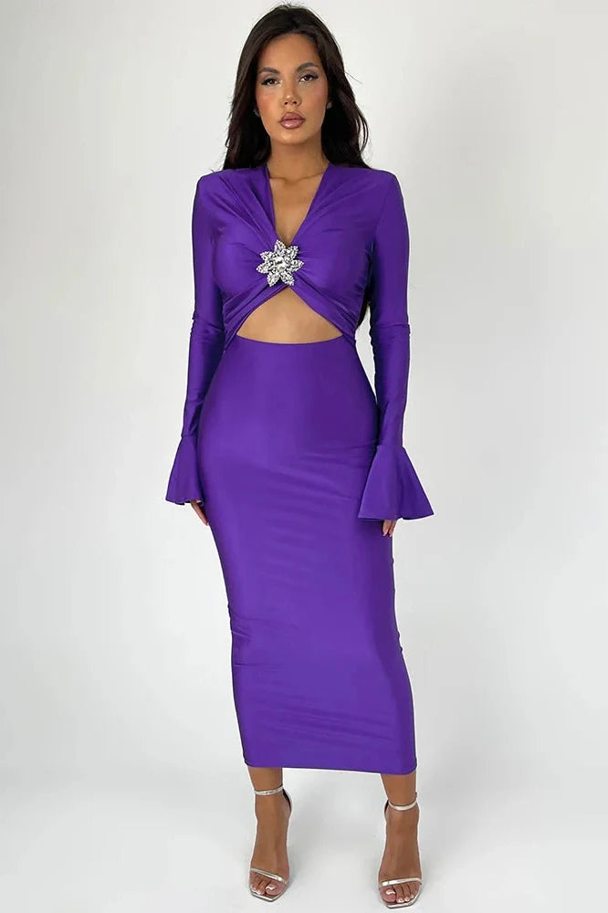 Elegant Hollow Out V Neck Long Flare Sleeve Maxi Dress