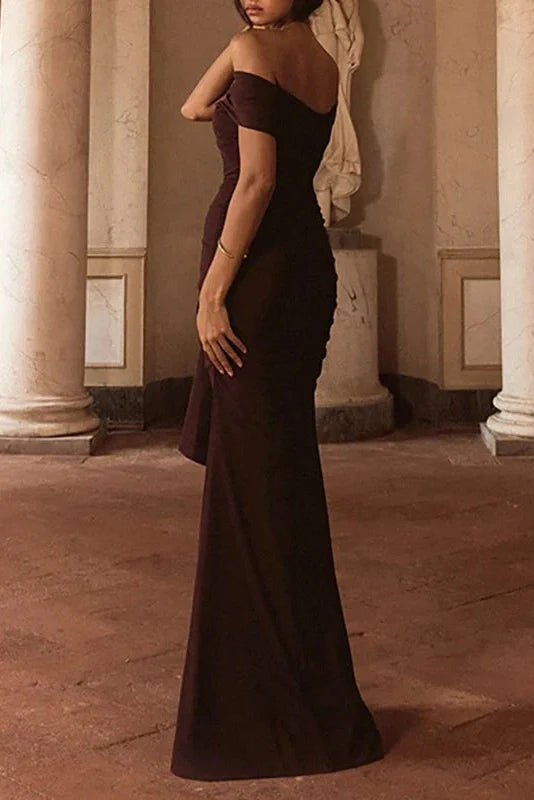 Hollow Out Slash Collar Slim High Waist Pleated Maxi Dress