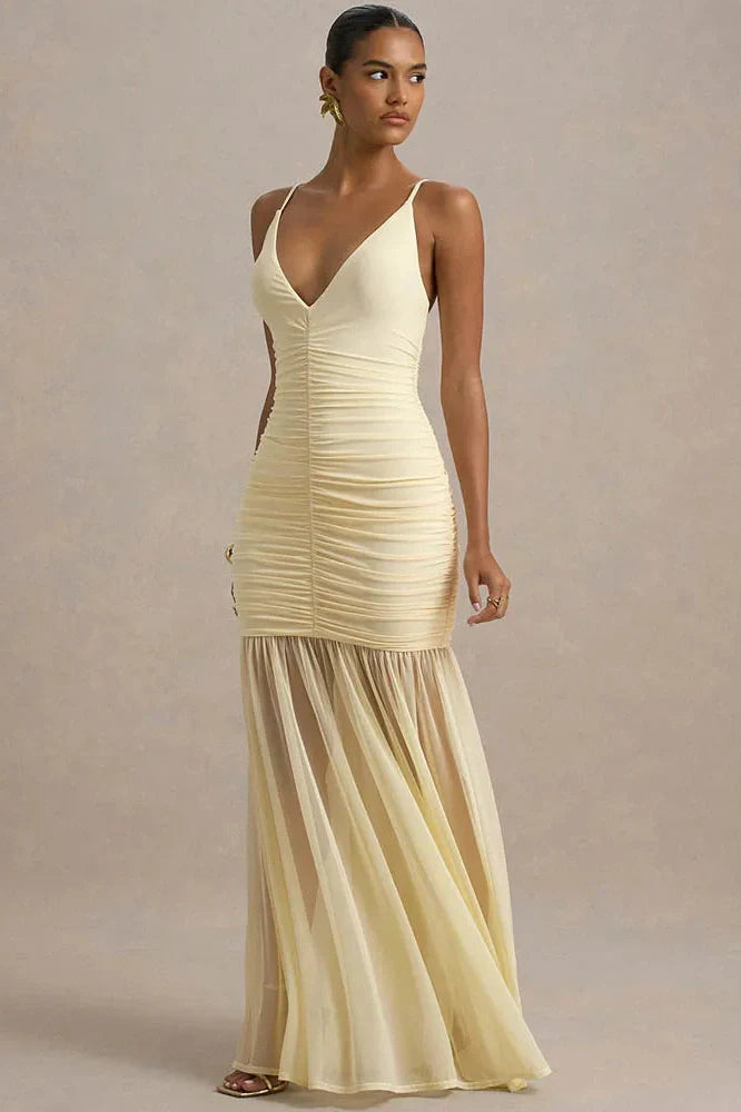 Spaghetti Strap Backless Patchwork V Neck Pleated Maxi Dress