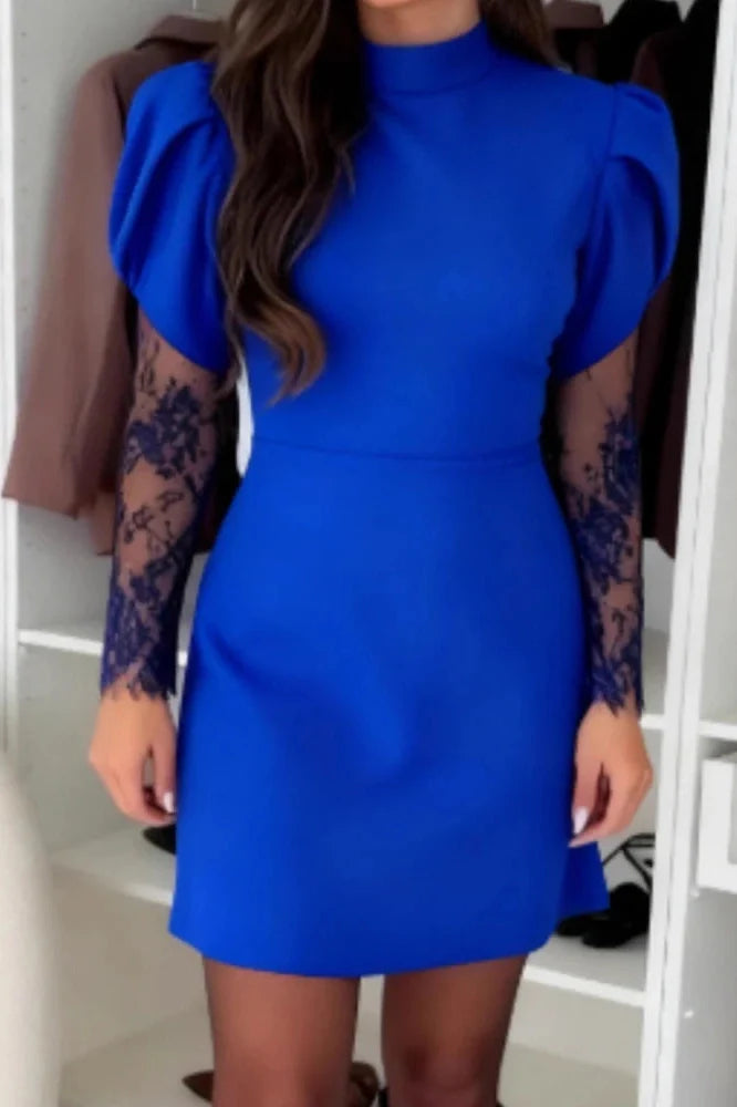 O-Neck Lace Long Sleeve Slim High Waist Pleated A-Line Mini Dress