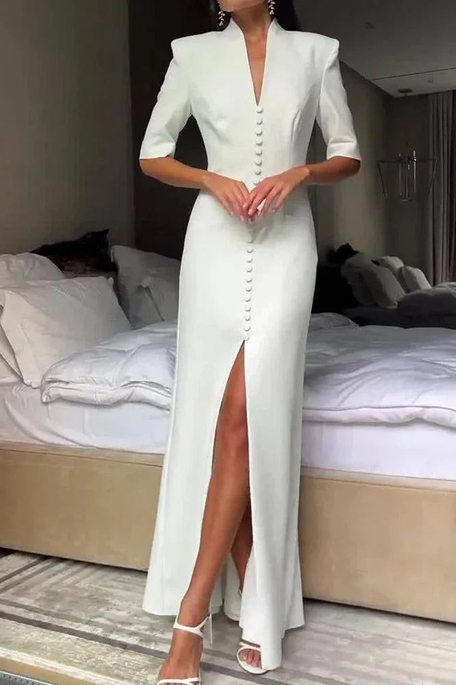 Slim Half Sleeve High Waist Split V-Neck Single Breasted Maxi Dress