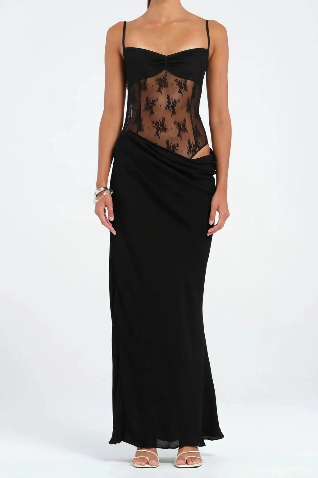 Patchwork Lace Slim Spaghetti Strap Backless Maxi Dress