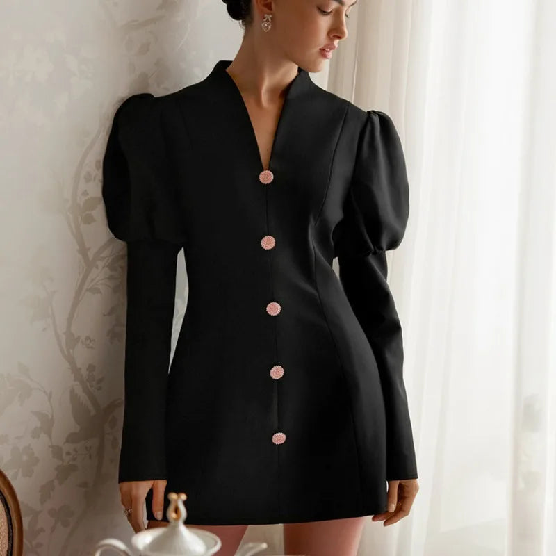Elegant V-Neck Puff Sleeve Mini Dress