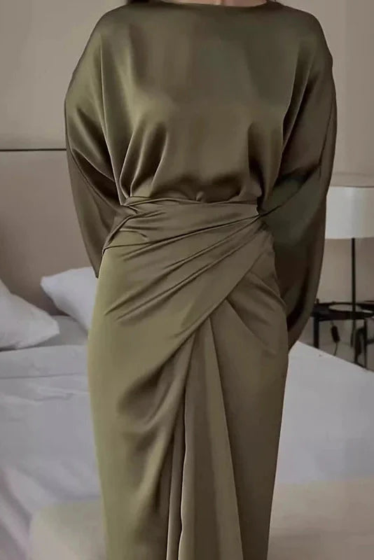 Elegant Tie-up Waisted O Neck Sleeves Maxi Dress