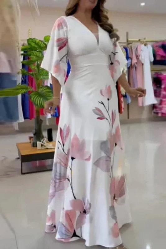 Elegant Half Sleeve Slim High Waist Pleated V-Neck Printed Maxi Dress