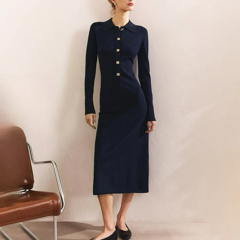 Button Lapel Collar High Waisted Long Sleeve Midi Dress