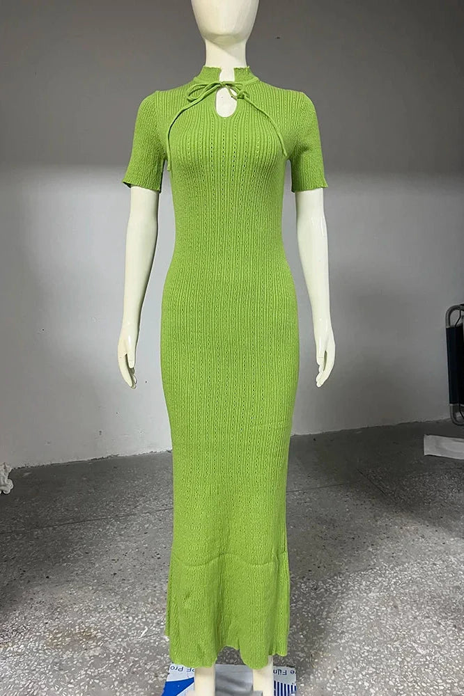 Hollow-Out Short Sleeve Knitted Slim High Waist Maxi Dress