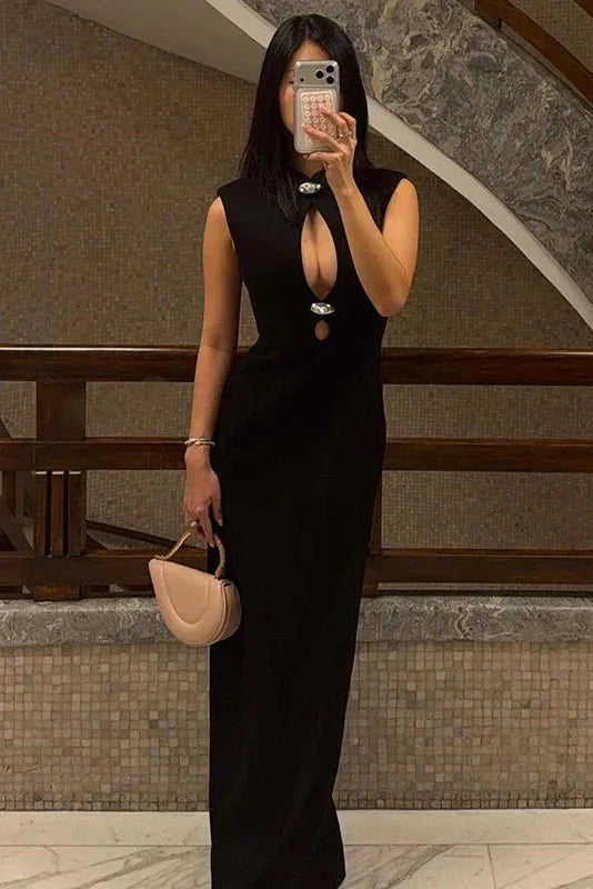 Elegant Hollow-Out Slim Round Neck Sleeveless Maxi Dress
