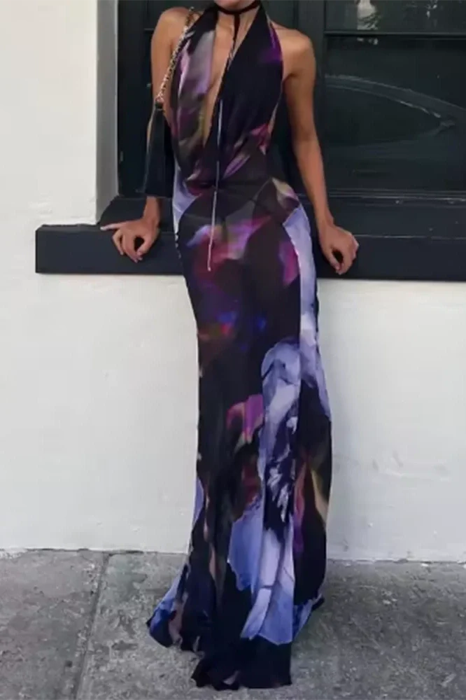 Elegant Deep V-Neck Sleeveless Backless Slim Printed Maxi Dress