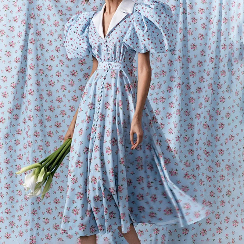 Printed V Neck High Waist A-Line Mini Dress