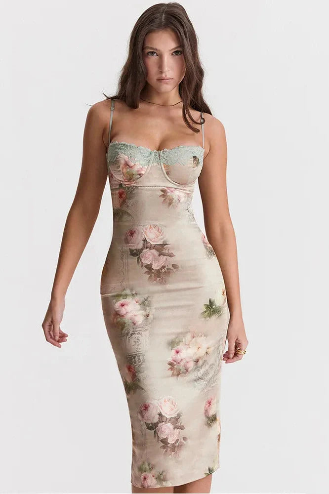 Spaghetti Strap Lace Print Strapless Backless Midi Dress