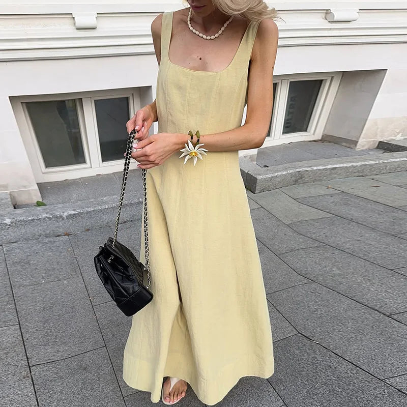 Elegant Square Neck Backless High Waist Sleeveless Maxi Dress