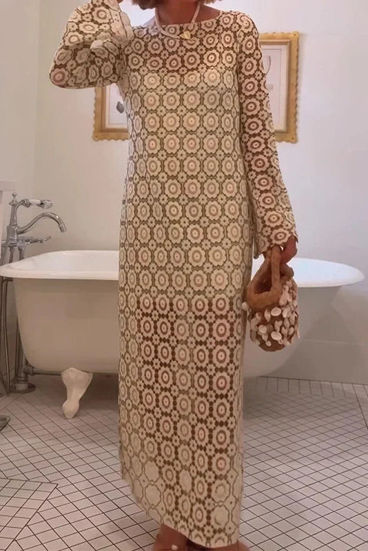 O-Neck Loose A-Line See-Through Printed Maxi Dress