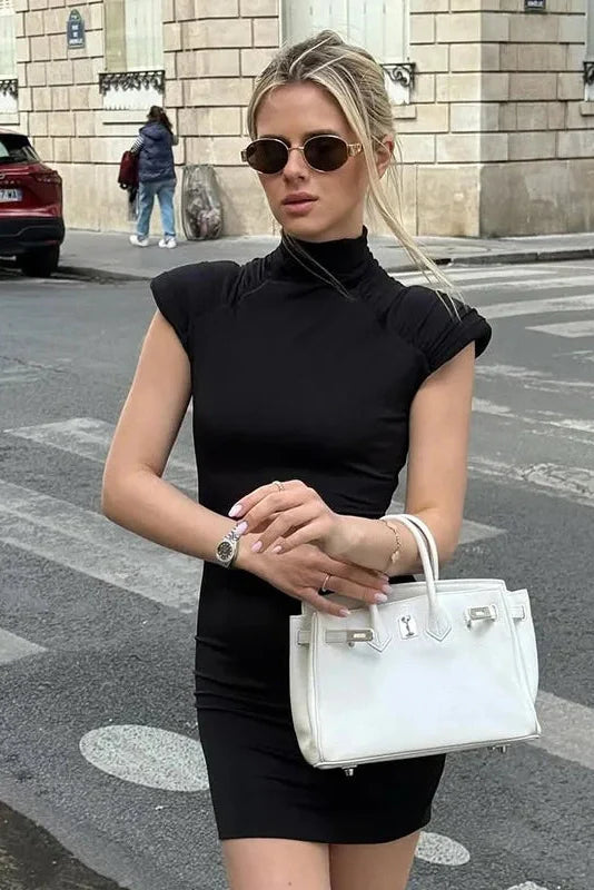Elegant Turtleneck Sleeveless Slim High Waist Mini Dress
