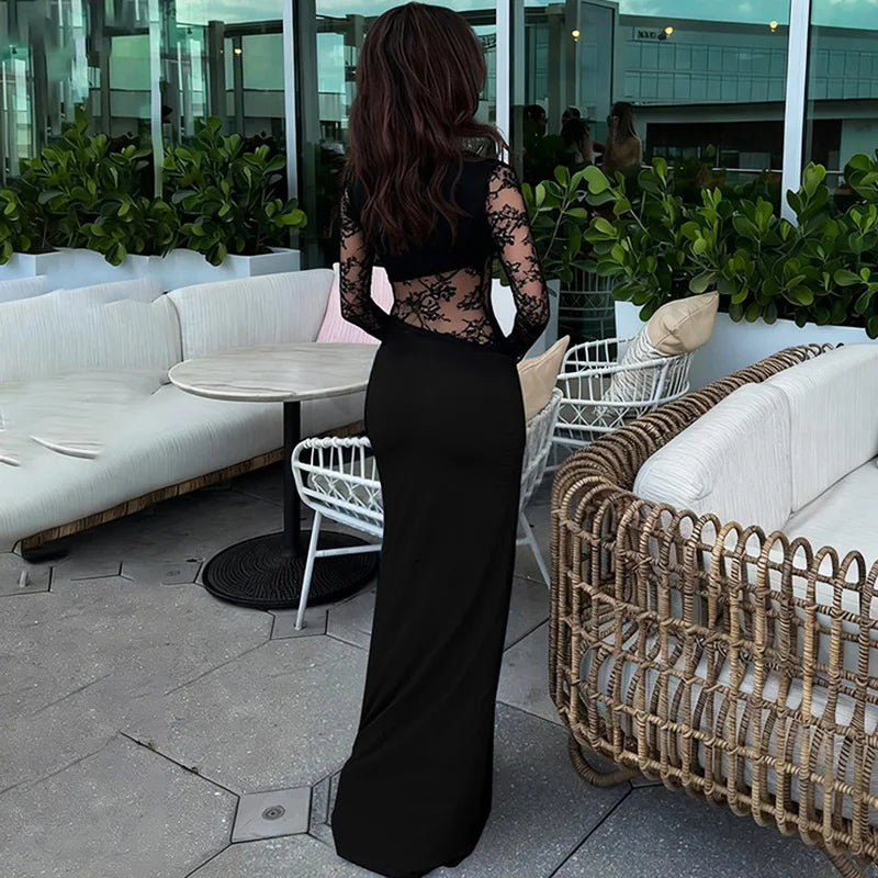 Elegant Patchwork See Through High Waist Maxi Dress
