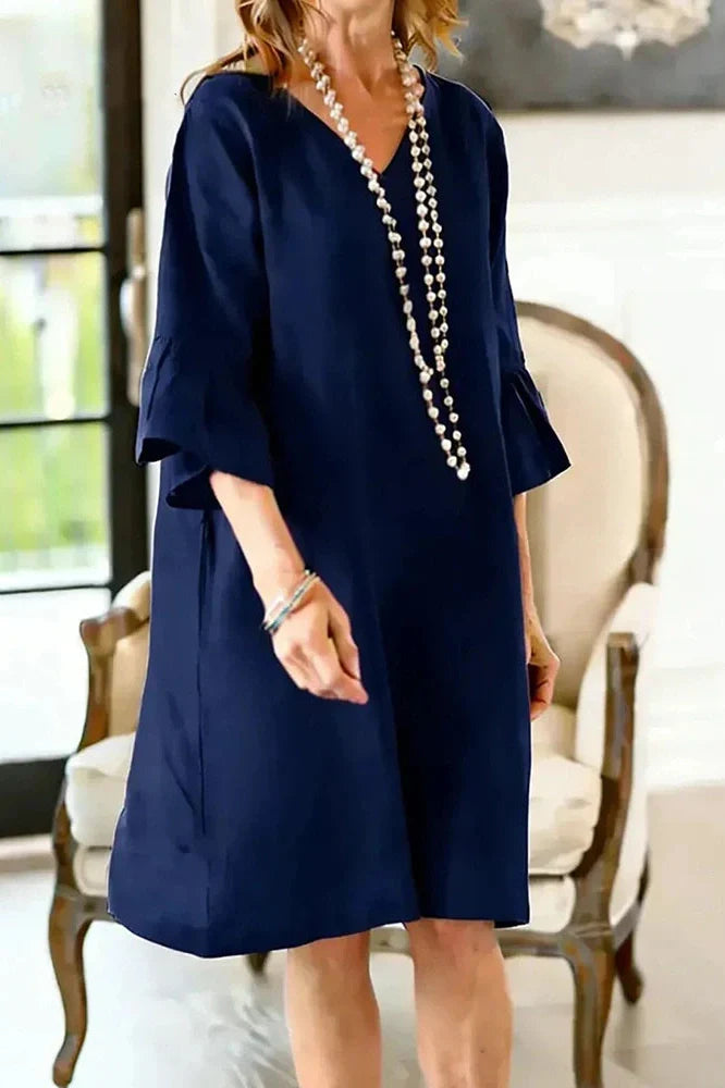 Half Sleeve V-Neck Loose Pleated A-Line Mini Dress