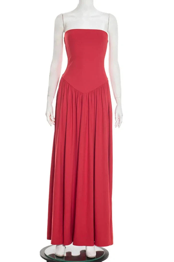 Off-Shoulder Strapless Sleeveless Backless Pleated Bodycon Maxi Dress