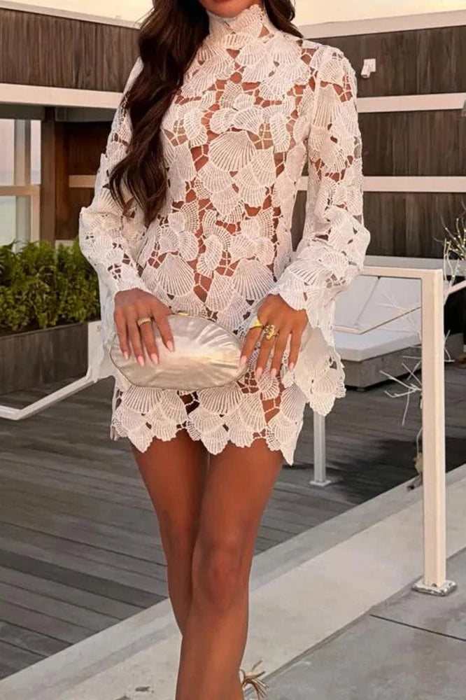 Lace Hollow Out High Waist Turtleneck Long Sleeve Mini Dress