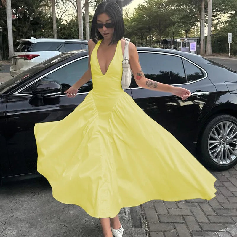Deep V Neck A-Line Pleated Midi Dress