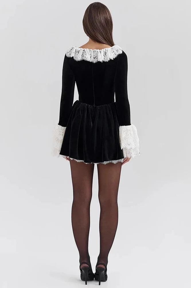 Lace Flare Long Sleeve High Waist Pleated Mini Dress