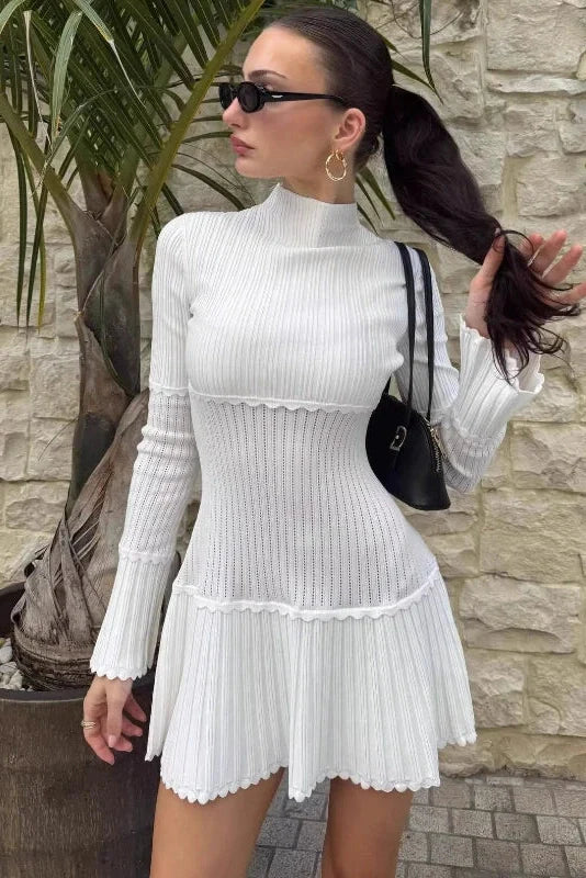 Elegant Slim Knitted Turtleneck Sleeves High Waist Mini Dress