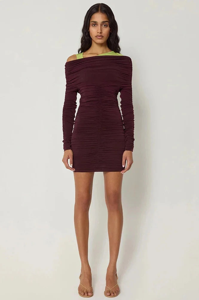 Inclined Shoulder Long Sleeve Backless Mini Dress