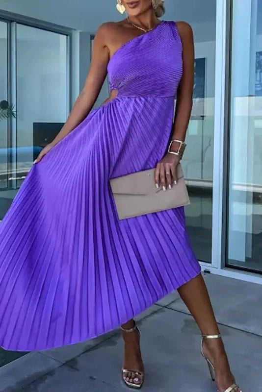 Hollow Out One Shoulder Slim Fit Pleated Maxi Dress