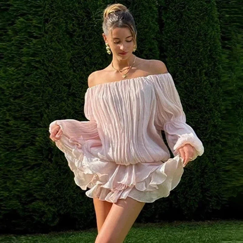 One Shoulder Pleated Long Sleeve Mini Dress