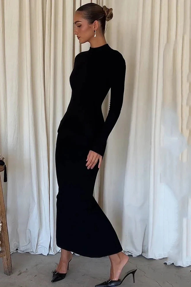 Long Sleeve O-Neck Split Bodycon Maxi Dress