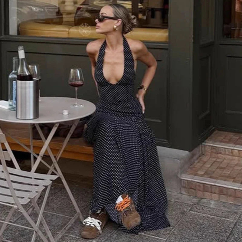 Polka Dot V Neck Lace Up Backless Slim Maxi Dress