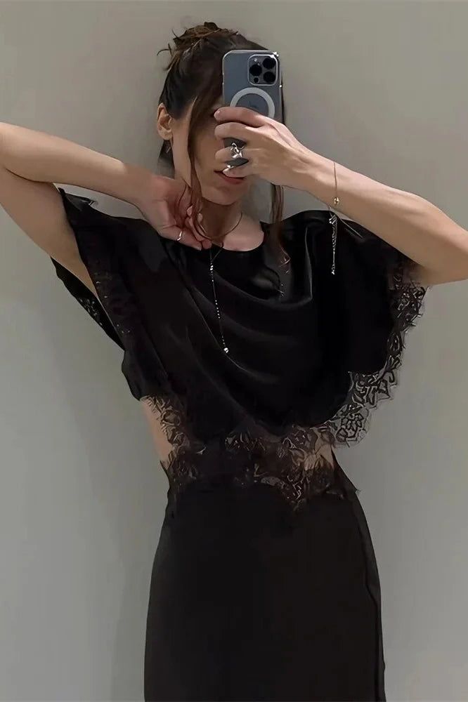 Hollow Out Lace Patchwork Short Sleeve Printed Mini Dress