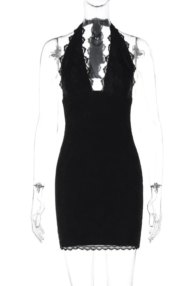 Lace Off-Shoulder Deep V Neck Sleeveless Backless Mini Dress