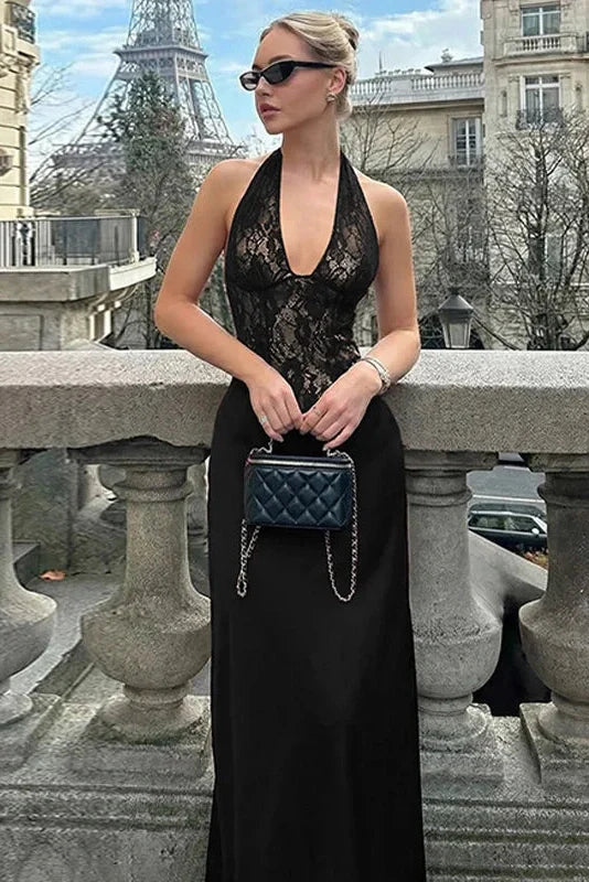 Hollow-Out Lace Patchwork Deep V-Neck Maxi Dress