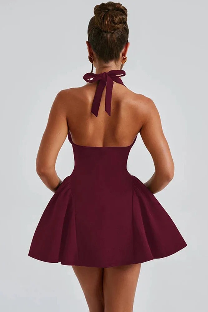 Deep V Neck Sleeveless Backless High Waist A-line Mini Dress