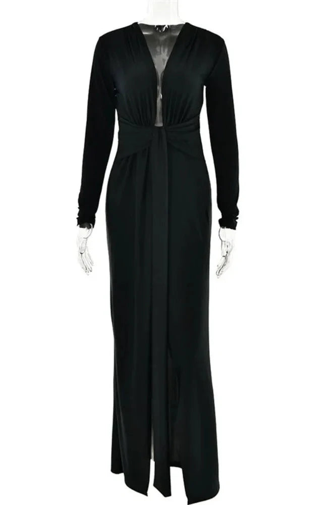 Deep V Neck Long Sleeve Split Bodycon Maxi Dress