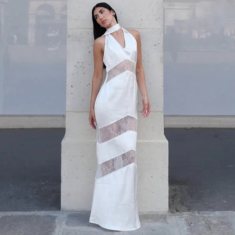 Lace Deep V Neck Backless Slim Maxi Dress