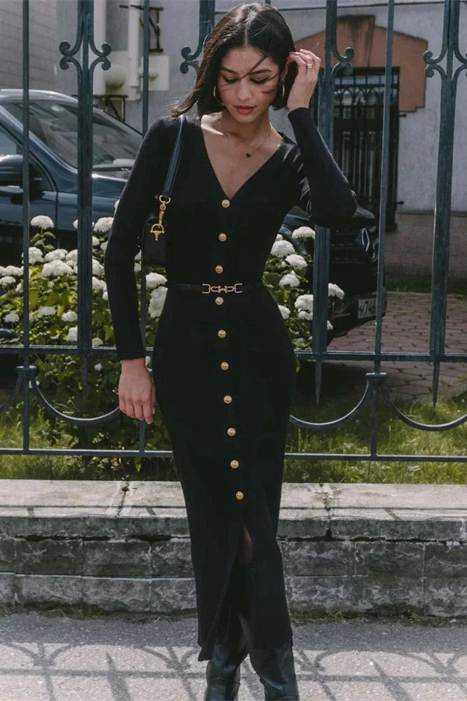 V-Neck Knit Patchwork Slim Midi Dress