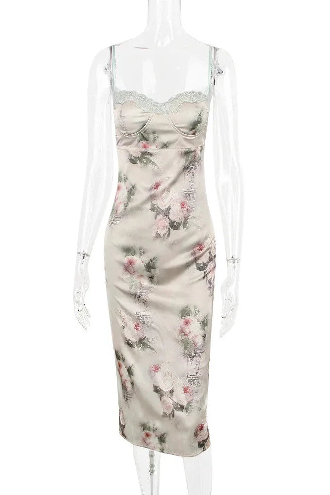 Spaghetti Strap Lace Print Strapless Backless Midi Dress