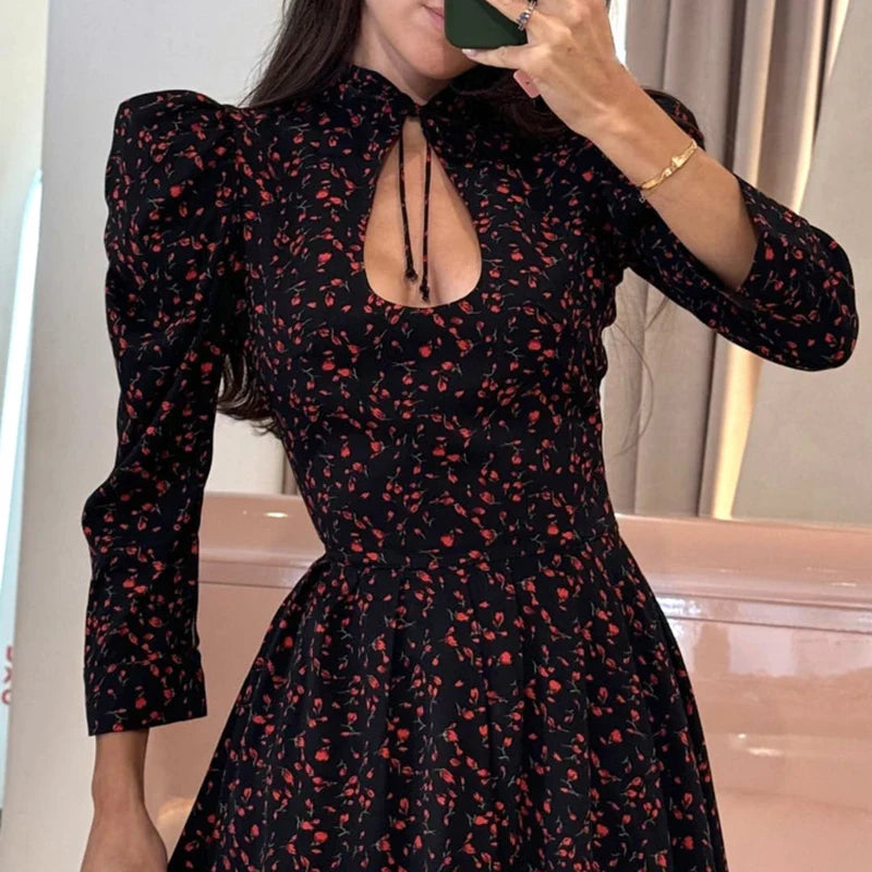 Printed Lace Up High Waist A-Line Mini Dress