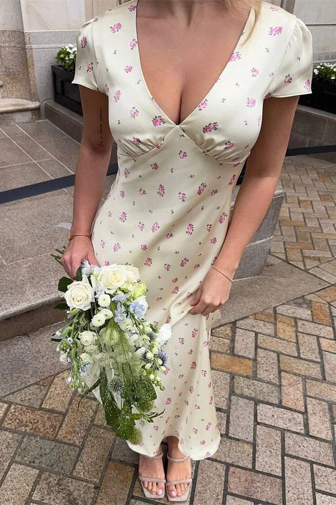 V-Neck Printed High Waist Slim Midi Dress